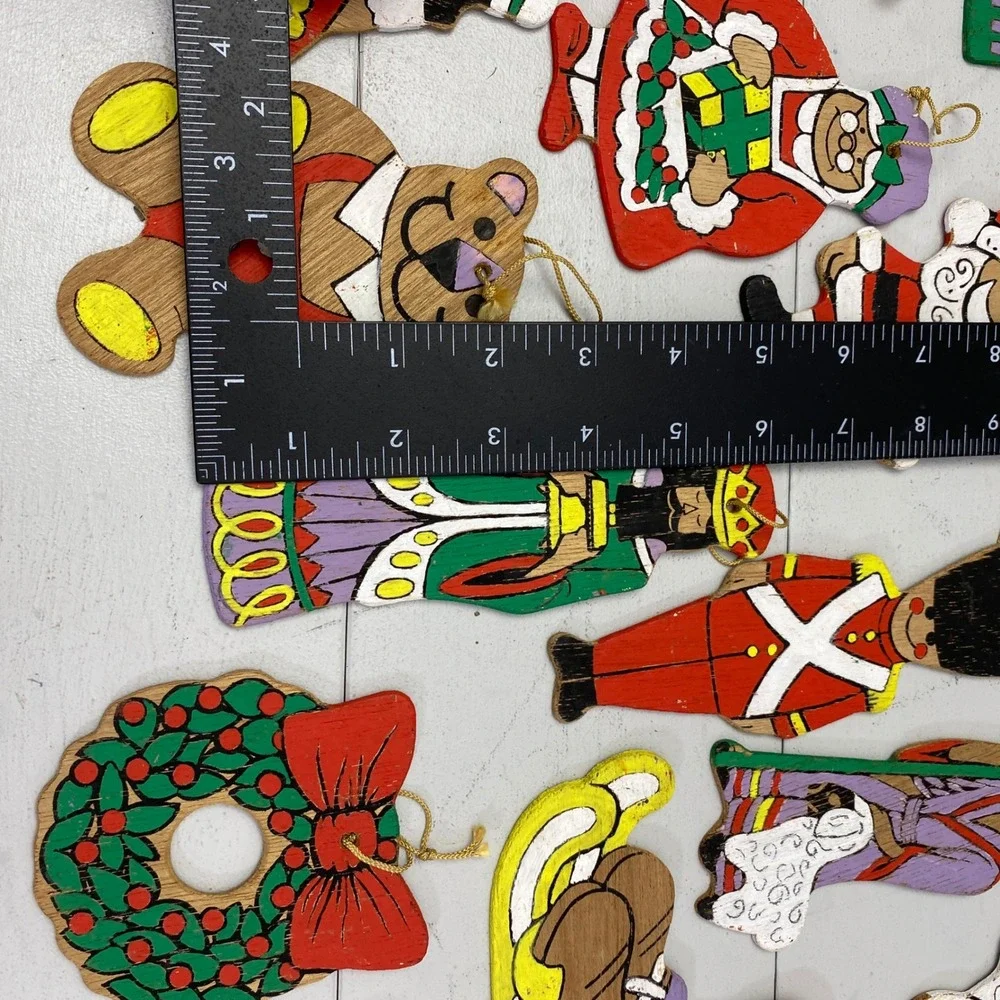 Vintage Wooden Christmas Ornaments Lot 28 Hand Painted Folk Art Mixed Christian
